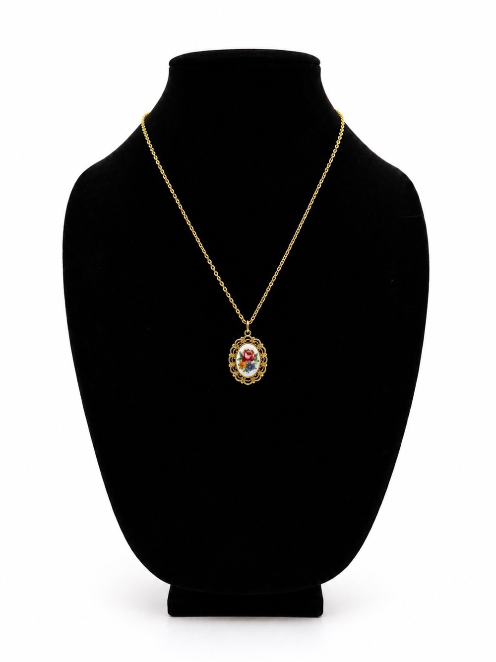 Gold Tone Floral Porcelain Pendant Necklace Vintage Inspired